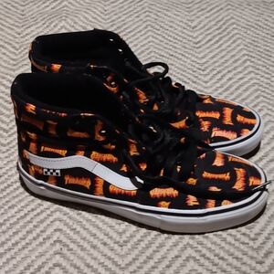 VANS x THRASHER Skate Sk8-Hi Black All Over Logo Skateboarding Shoes Men SZ 10.5